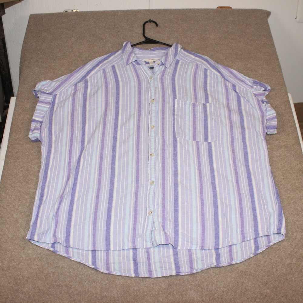 Terra & Sky Womens 2X Purple Blue Striped Linen Blend Button Down Shirt XL Plus